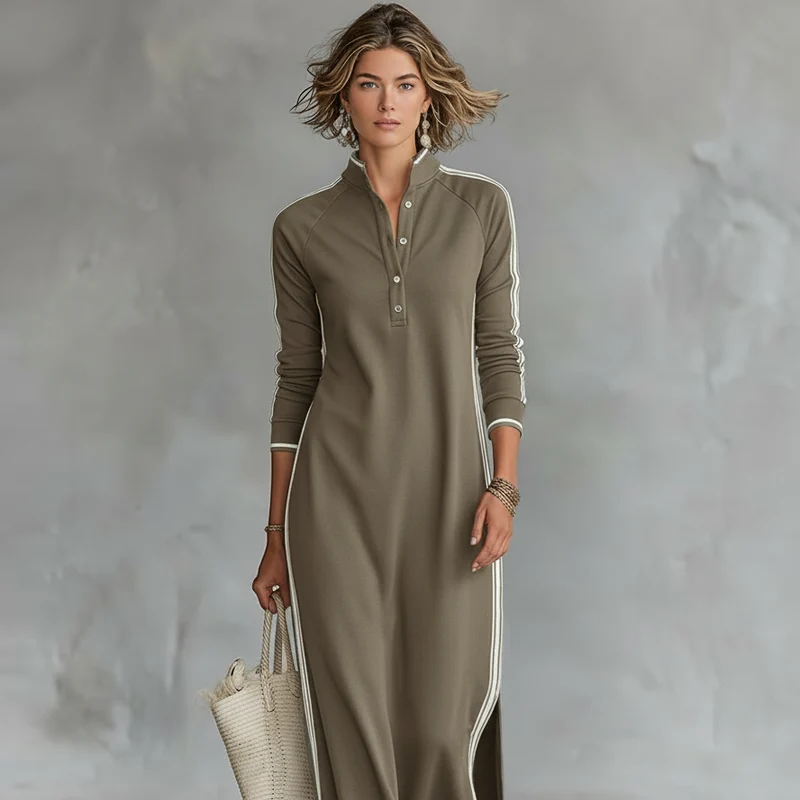 Damen-Maxi-Sweatkleid mit Knopfleiste und Kragen