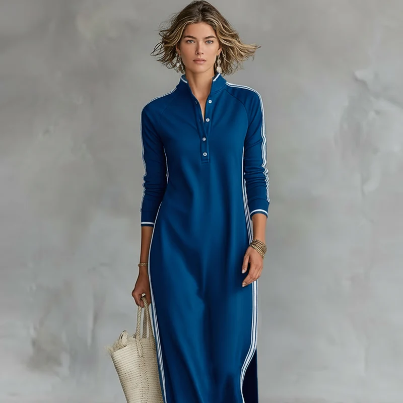 Damen-Maxi-Sweatkleid mit Knopfleiste und Kragen