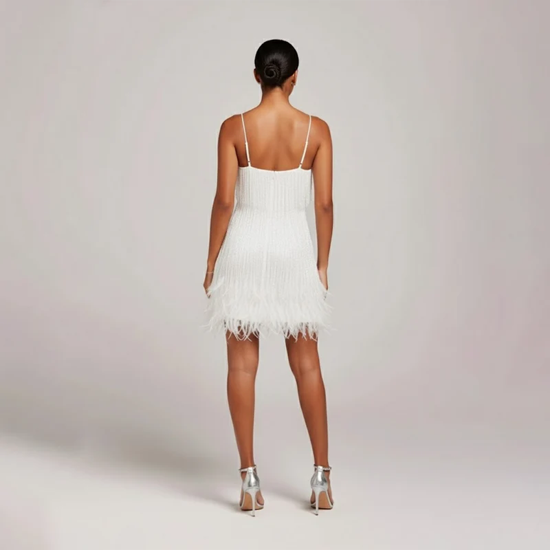 Sandra | Damen Mini Partykleid Mit Fransen Und Federn