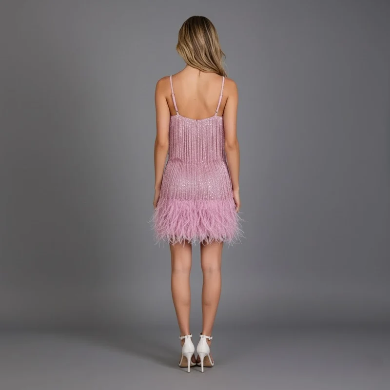 Sandra | Damen Mini Partykleid Mit Fransen Und Federn