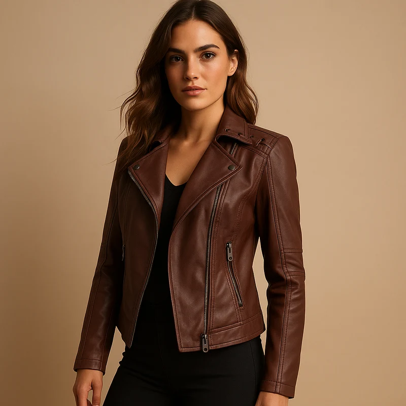 Damen-Bikerjacke aus Kunstleder mit Reißverschluss