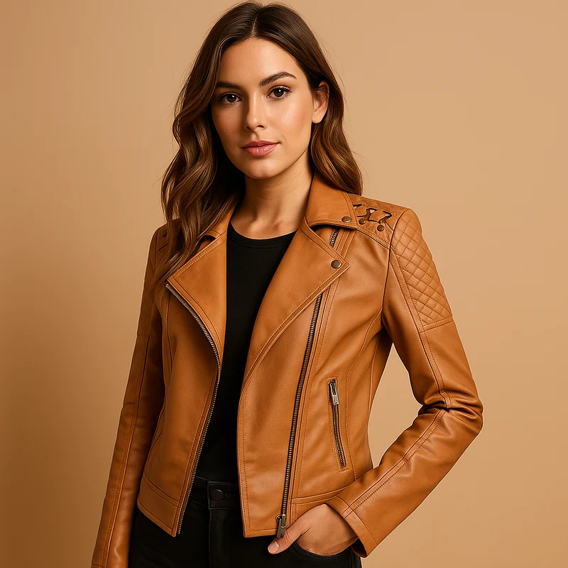 Damen-Bikerjacke aus Kunstleder mit Reißverschluss
