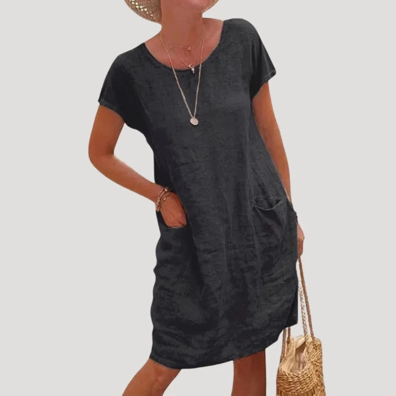 Damen-Leinenkleid in Midi-Länge mit kurzen Ärmeln