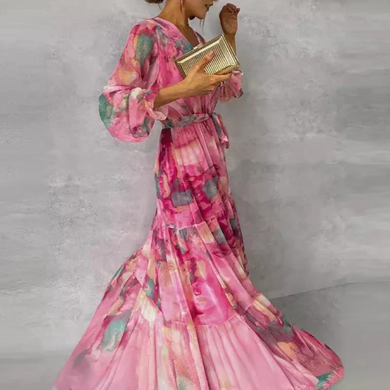 Damen-Maxikleid mit Blumenmuster, V-Ausschnitt und Gürtel