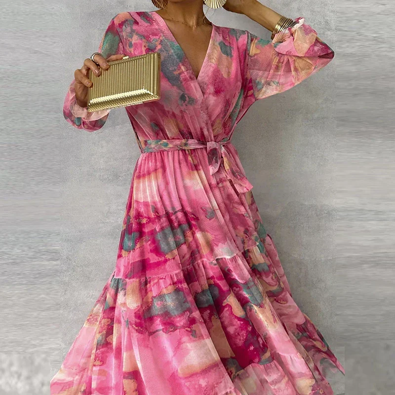 Damen-Maxikleid mit Blumenmuster, V-Ausschnitt und Gürtel