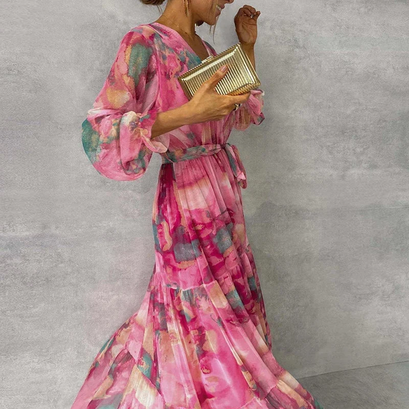Damen-Maxikleid mit Blumenmuster, V-Ausschnitt und Gürtel