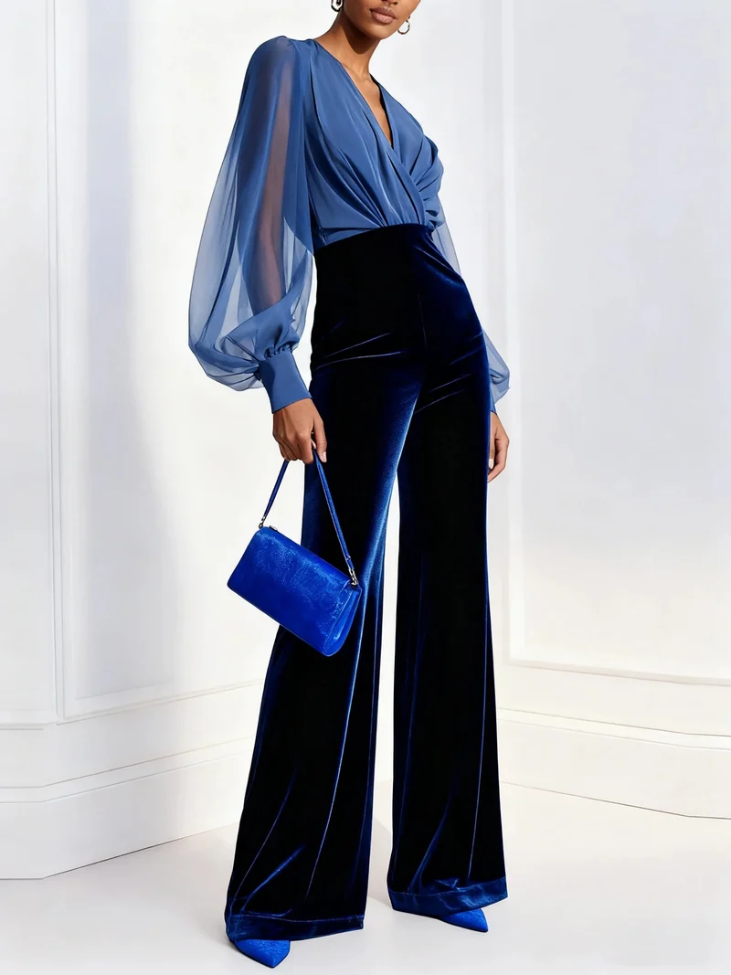 Damen-Jumpsuit aus Samt mit Mesh-Einsätzen und V-Ausschnitt
