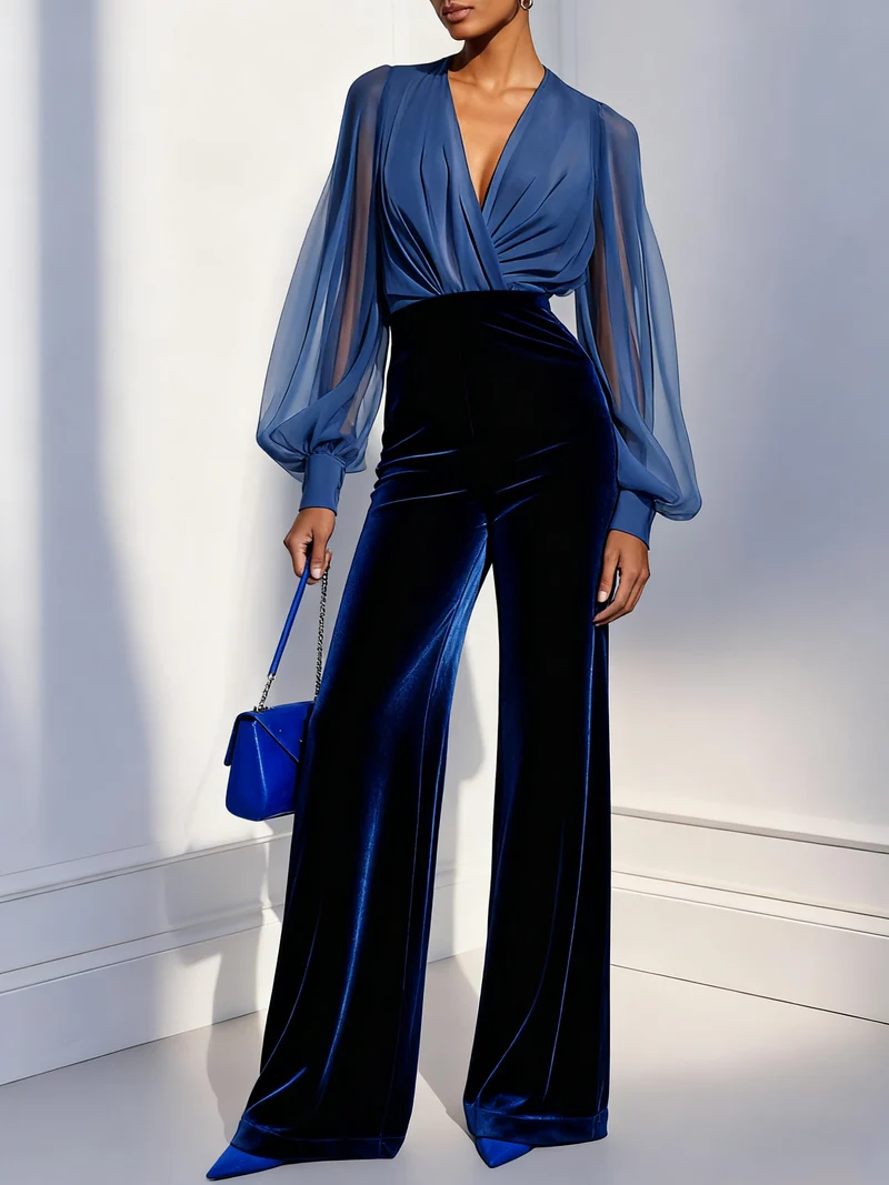 Damen-Jumpsuit aus Samt mit Mesh-Einsätzen und V-Ausschnitt