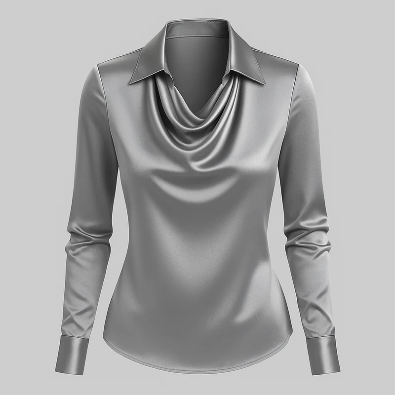 Daniela | Dames Satijnen Blouse met Watervalhals en Lange Mouwen