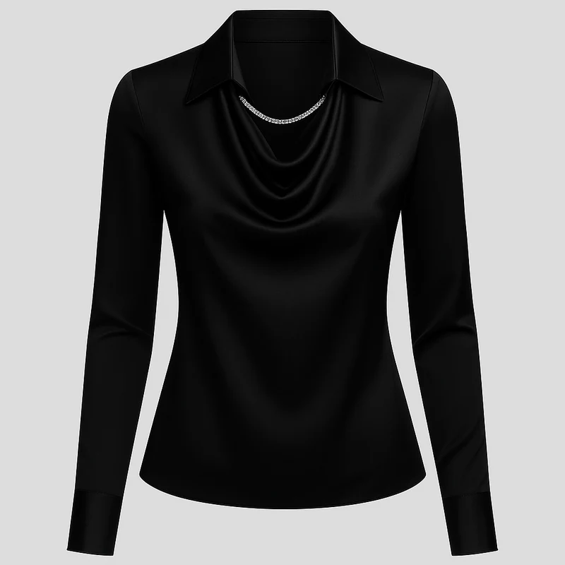 Daniela | Dames Satijnen Blouse met Watervalhals en Lange Mouwen