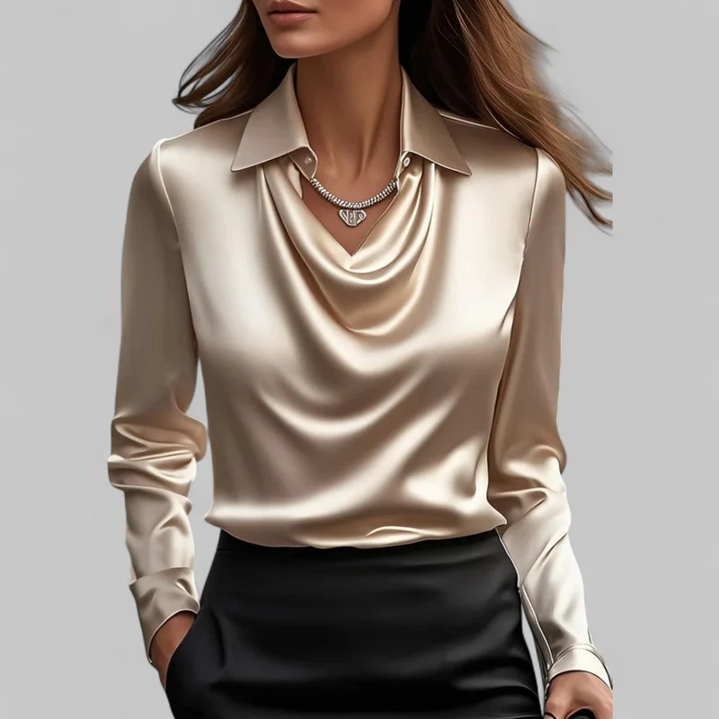 Daniela | Dames Satijnen Blouse met Watervalhals en Lange Mouwen