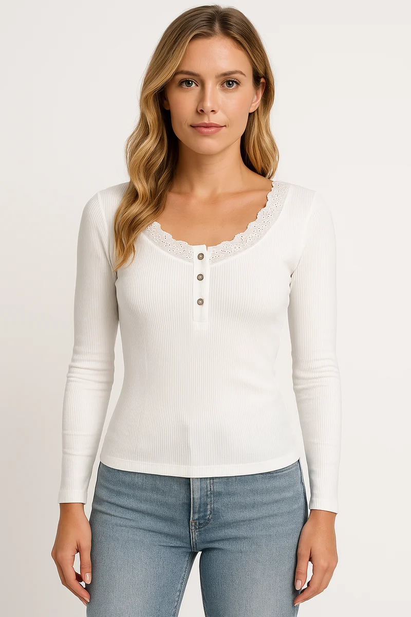 Johanna | Damen Langarm Knopf Spitzen Top Mit V-Ausschnitt