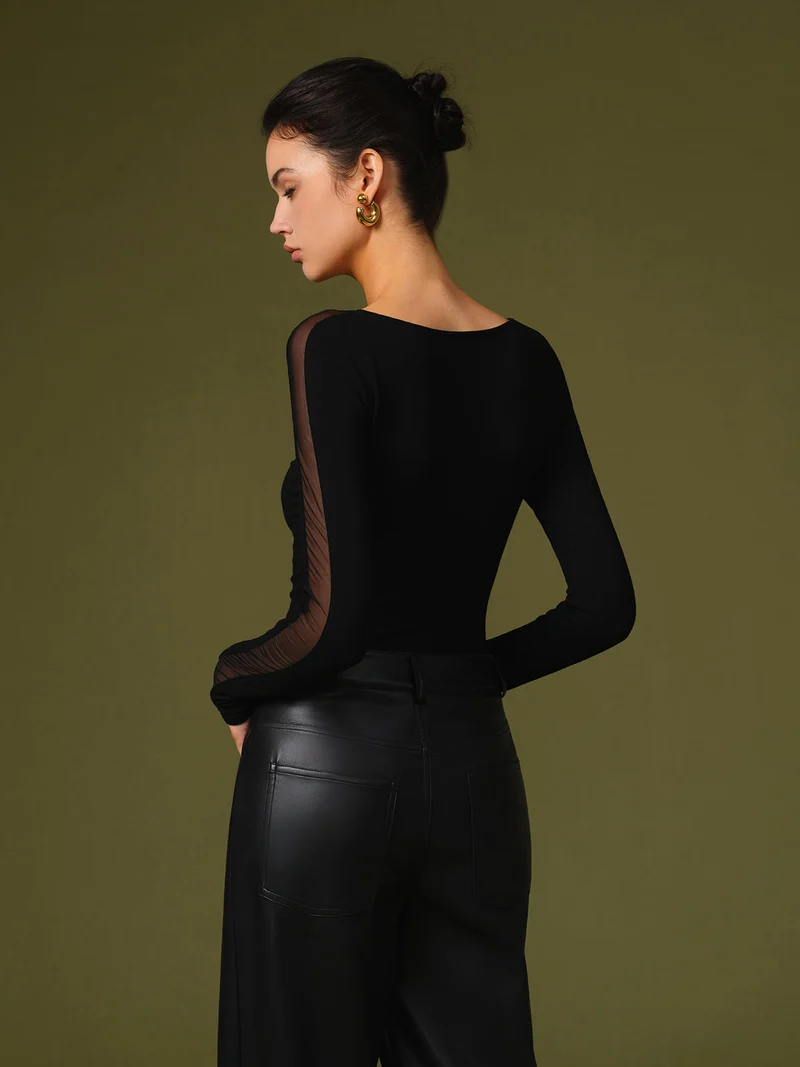Felicia | Damen Frühlings Stylisches Mesh-Ärmel T-Shirt