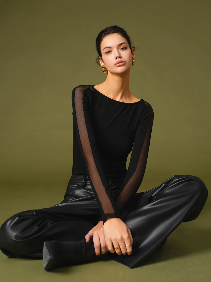 Felicia | Damen Frühlings Stylisches Mesh-Ärmel T-Shirt