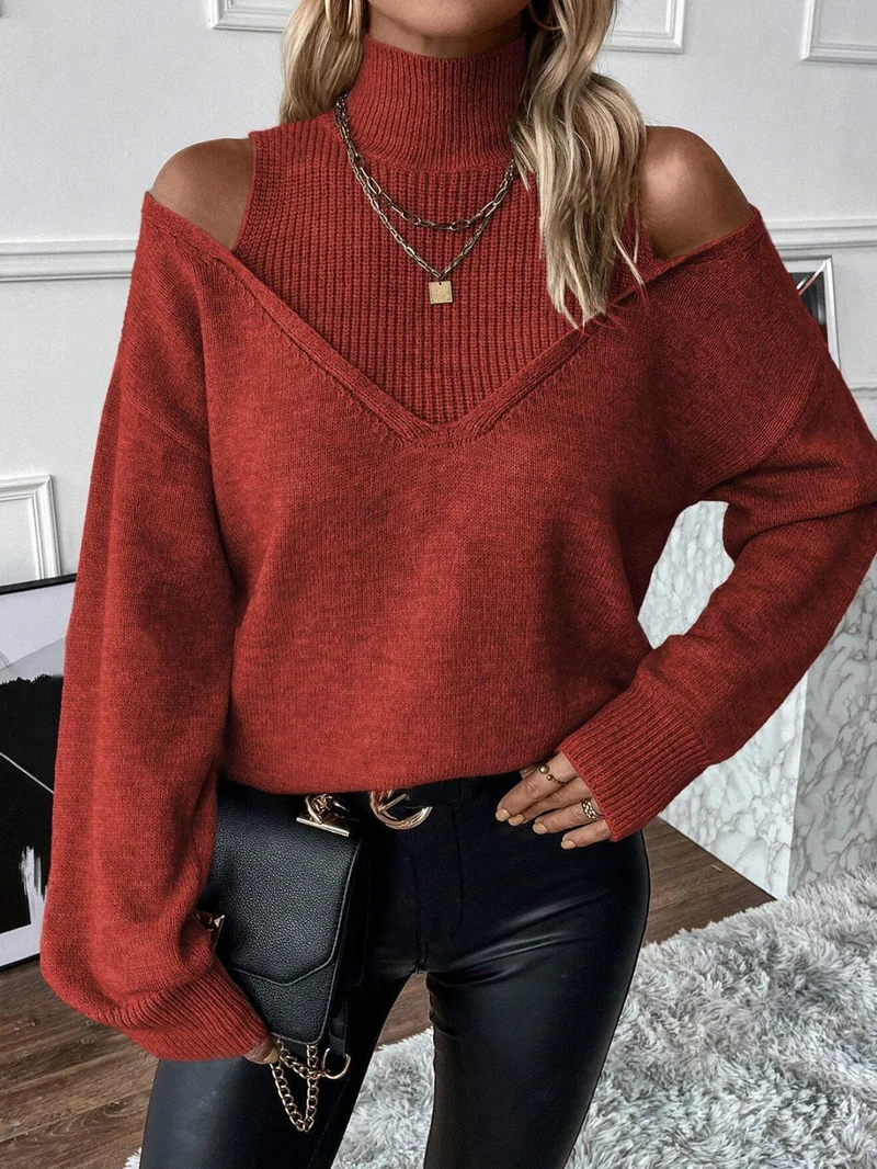 Bettina | Damen Off-Shoulder Rollkragenpullover Aus Strick