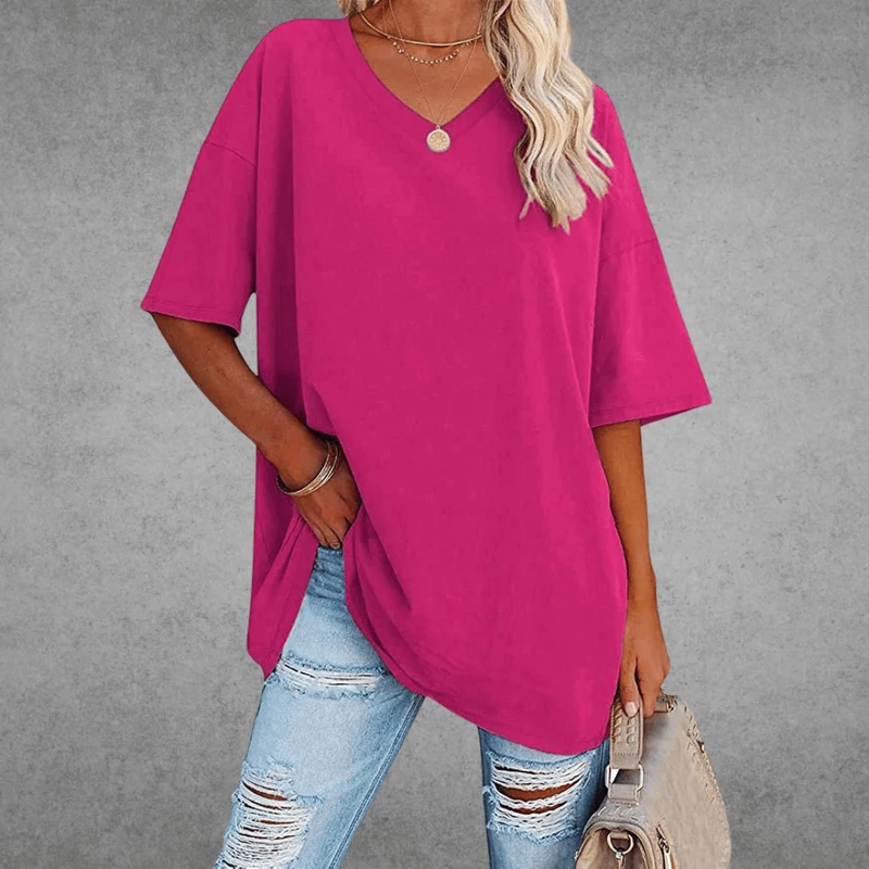 Franziska | Damen Lässiges Oversize V-Ausschnitt T-Shirt
