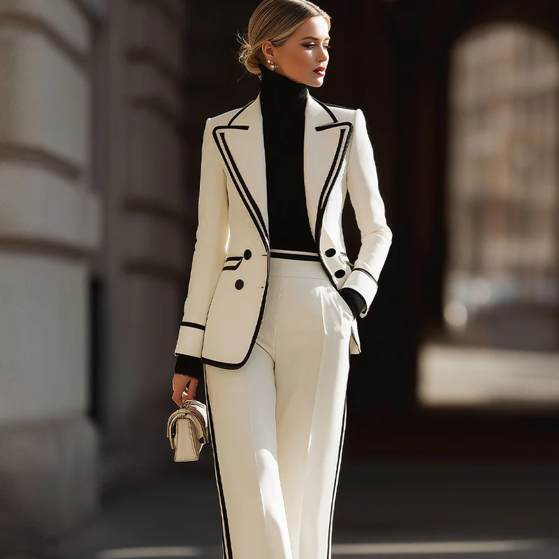 Weißes Zweireiher-Set aus Blazer und Hose für Damen