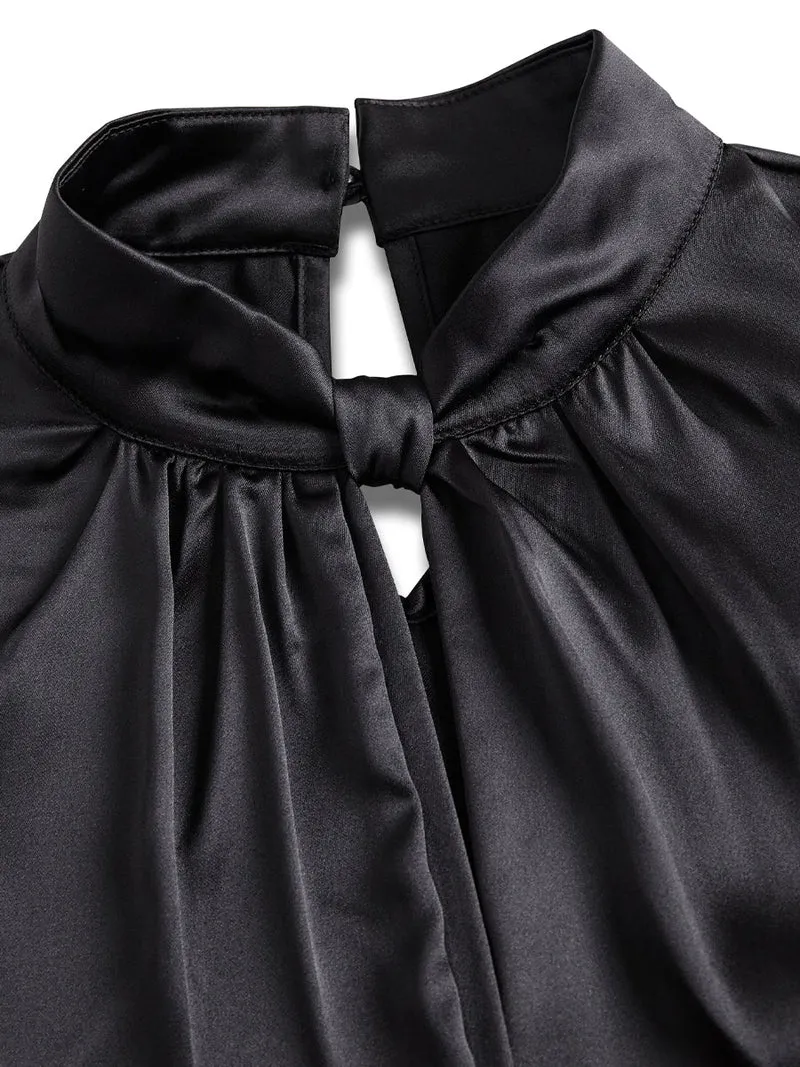 Weiße Satinbluse für Damen | Schlüssellochausschnitt