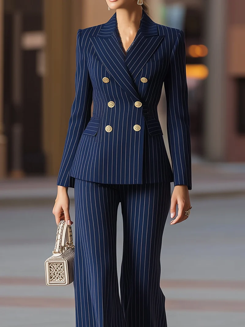 Damen-Anzugset in Marineblau mit Nadelstreifen und Zweireiher