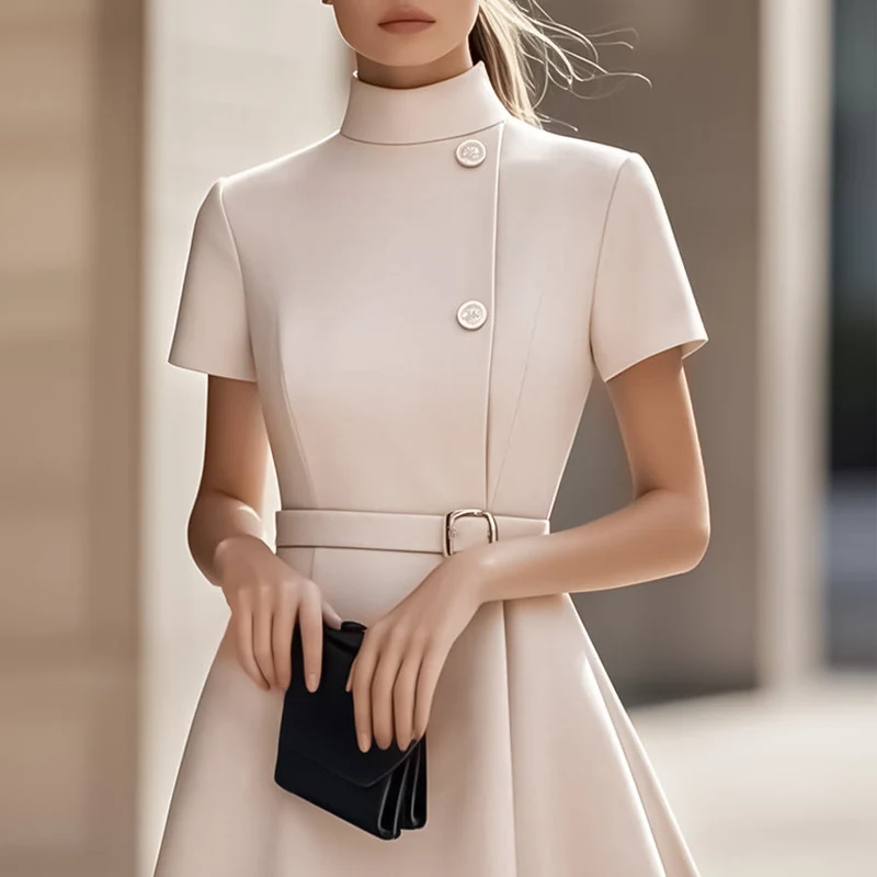 Damenkleid aus Baumwollmischung mit hohem Kragen und Gürtel