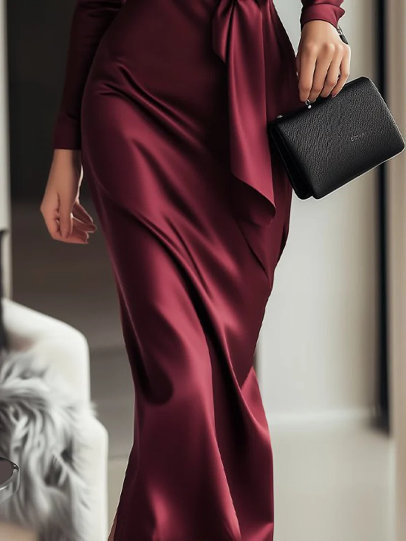Burgunderrotes Satin-Wickelkleid für Damen | Bindegürtel