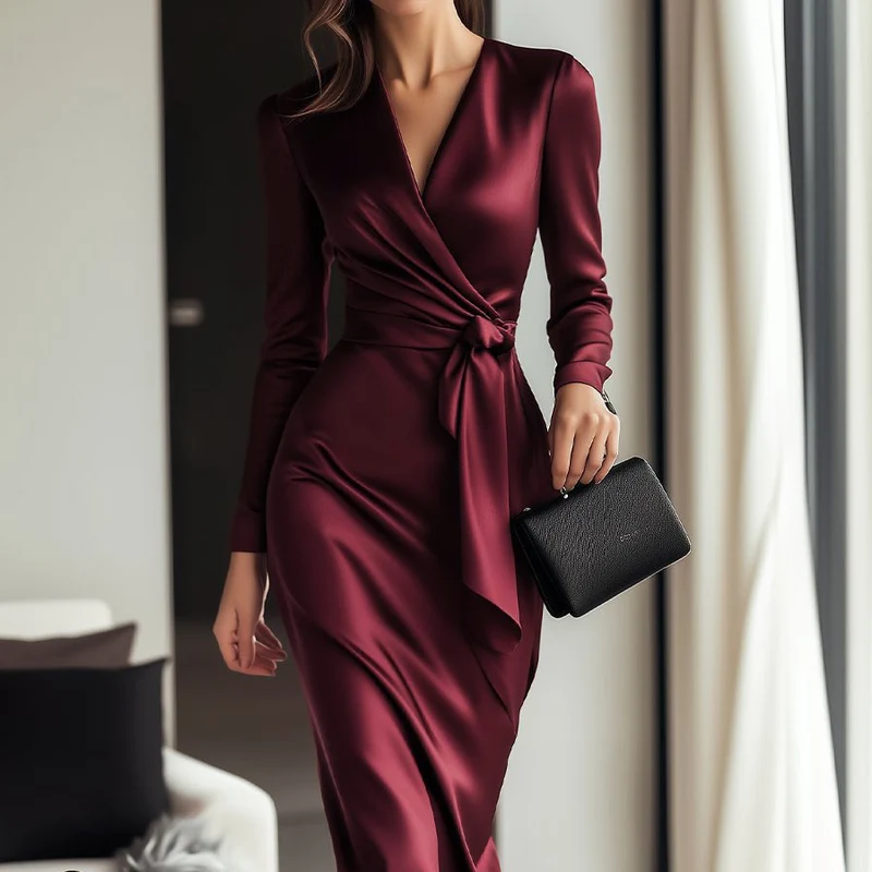 Burgunderrotes Satin-Wickelkleid für Damen | Bindegürtel