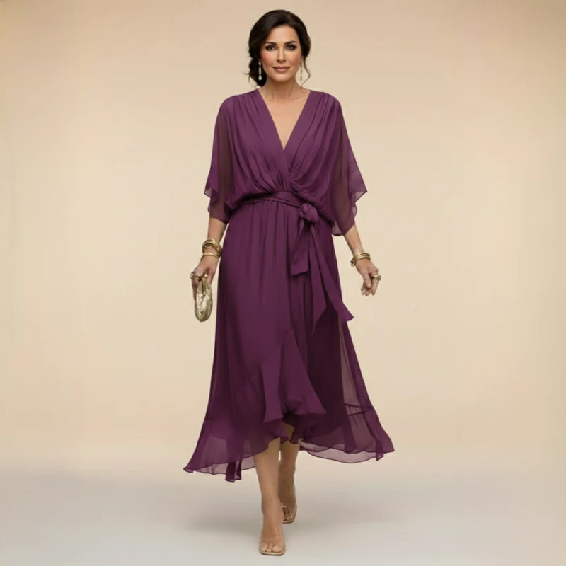 Cindy | Damen Chiffonkleid V-Ausschnitt – Chiffon Kleid V-Neck Elegant 2026