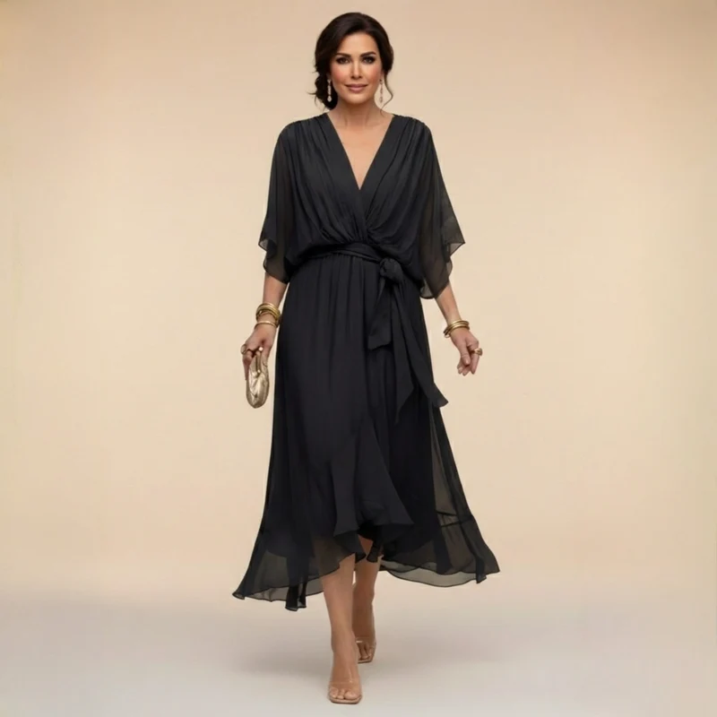 Cindy | Damen Chiffonkleid V-Ausschnitt – Chiffon Kleid V-Neck Elegant 2026