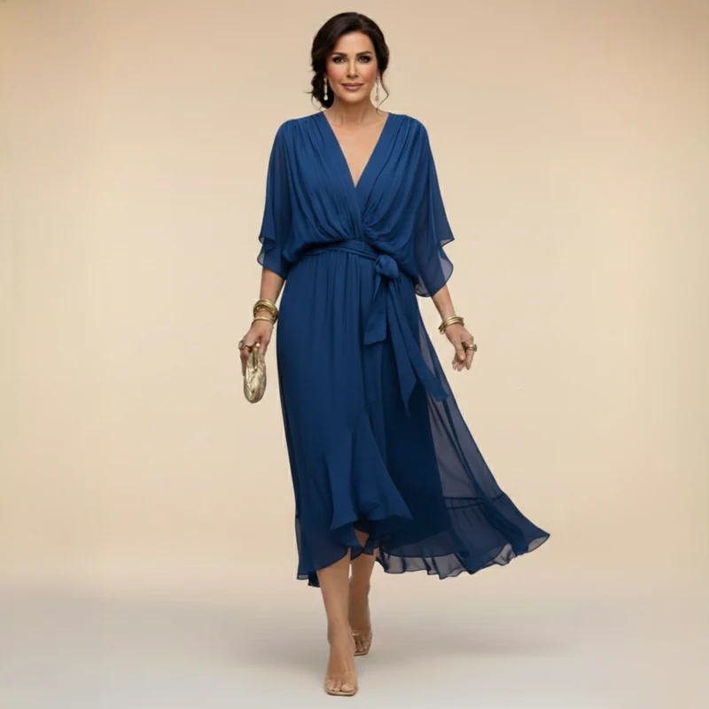 Cindy | Damen Chiffonkleid V-Ausschnitt – Chiffon Kleid V-Neck Elegant 2026