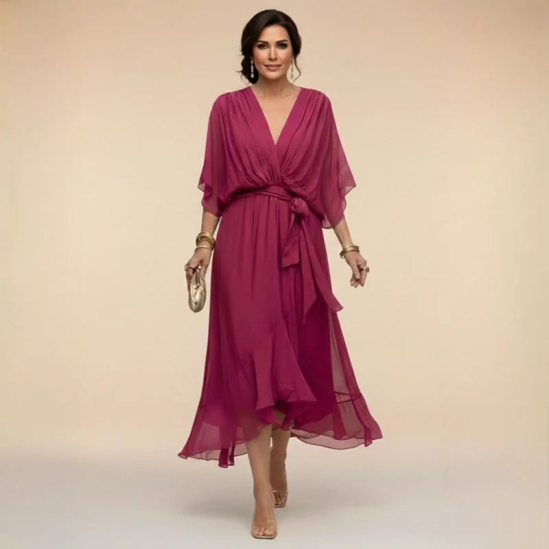 Cindy | Damen Chiffonkleid V-Ausschnitt – Chiffon Kleid V-Neck Elegant 2026