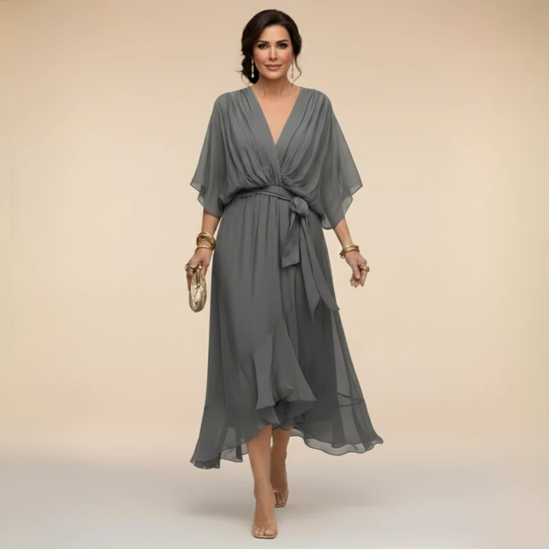 Cindy | Damen Chiffonkleid V-Ausschnitt – Chiffon Kleid V-Neck Elegant 2026