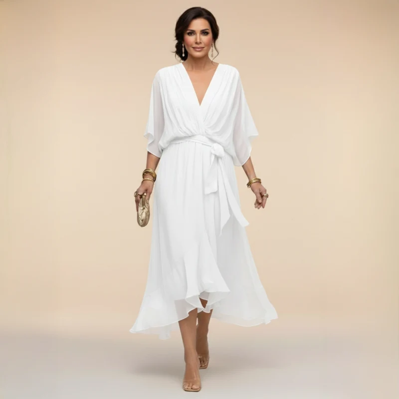 Cindy | Damen Chiffonkleid V-Ausschnitt – Chiffon Kleid V-Neck Elegant 2026