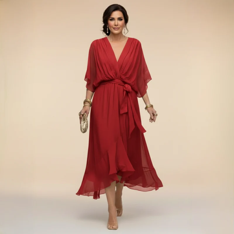 Cindy | Damen Chiffonkleid V-Ausschnitt – Chiffon Kleid V-Neck Elegant 2026