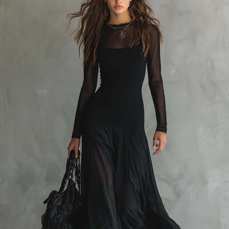 Damen-Maxikleid aus Tüll im Patchwork-Stil, schwarz