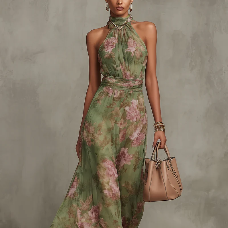 Damen-Maxikleid mit Neckholder aus Chiffon mit Blumenmuster