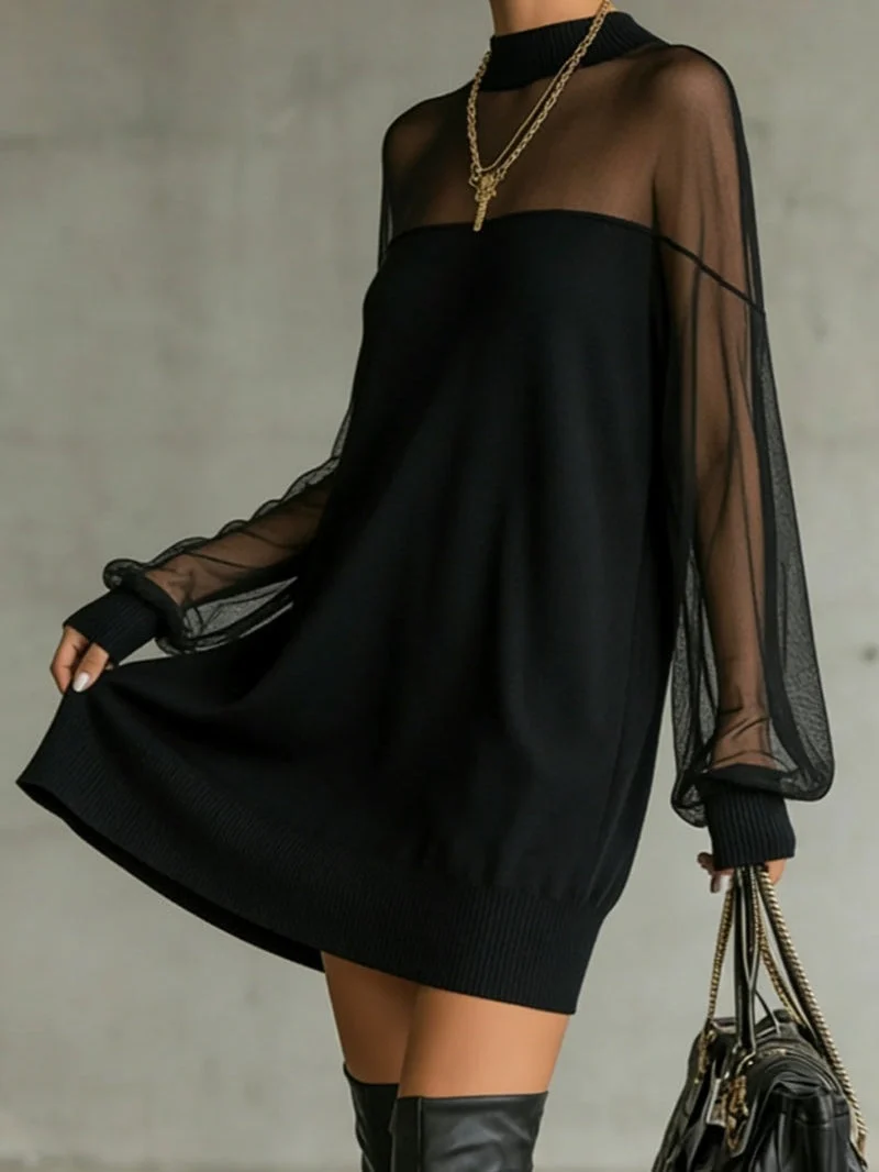 Damen-Minikleid mit Mesh-Ärmeln und hohem Ausschnitt