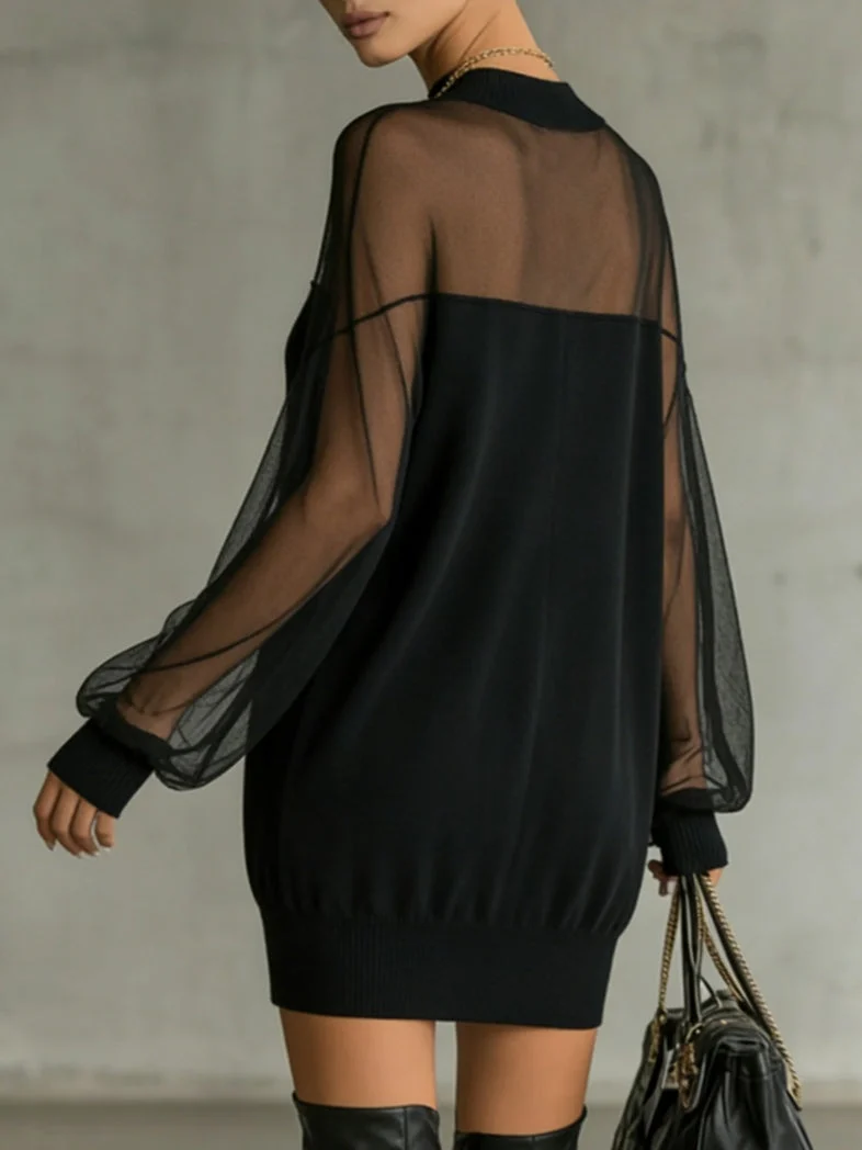 Damen-Minikleid mit Mesh-Ärmeln und hohem Ausschnitt