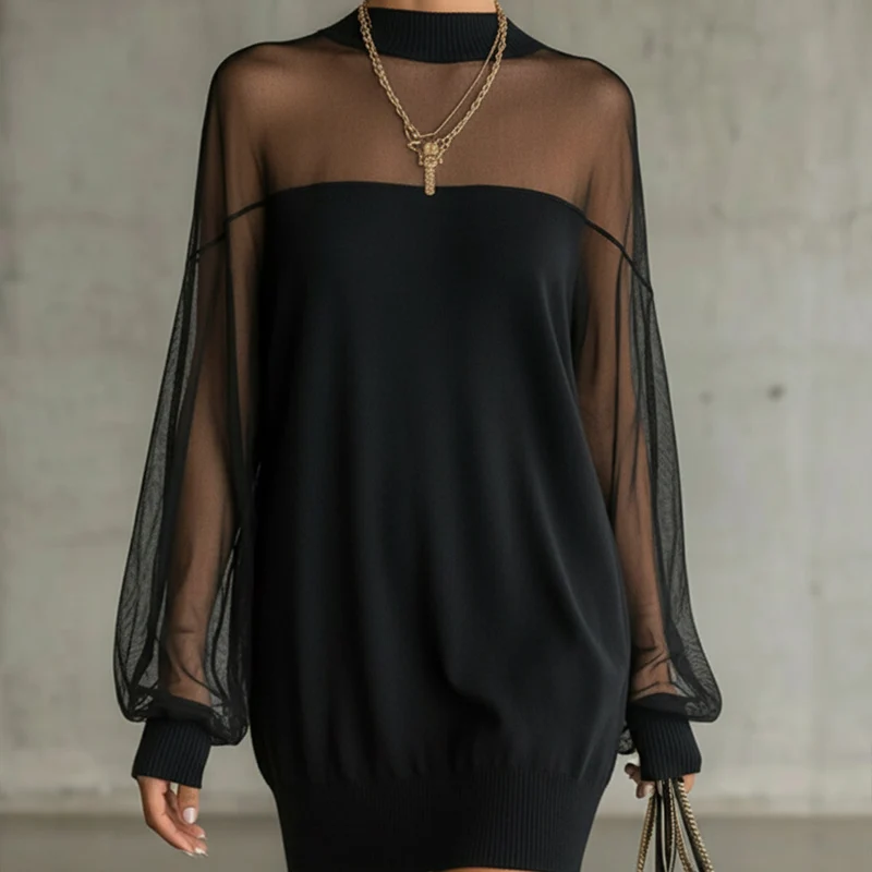 Damen-Minikleid mit Mesh-Ärmeln und hohem Ausschnitt