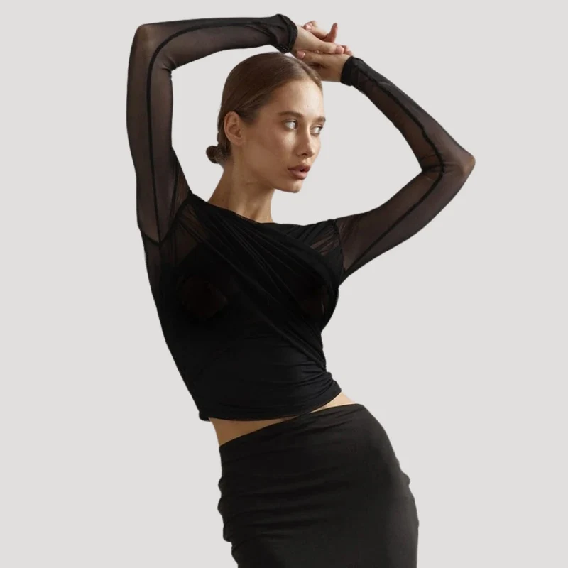 Sabina | Damen Frühlings Transparentes Wickel-Oberteil mit Langarm