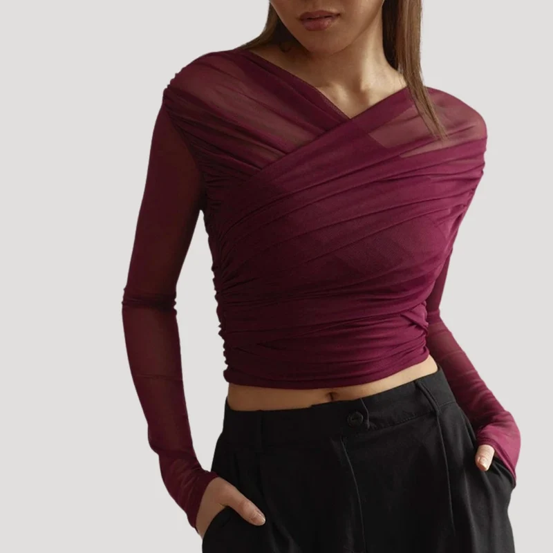 Sabina | Damen Frühlings Transparentes Wickel-Oberteil mit Langarm