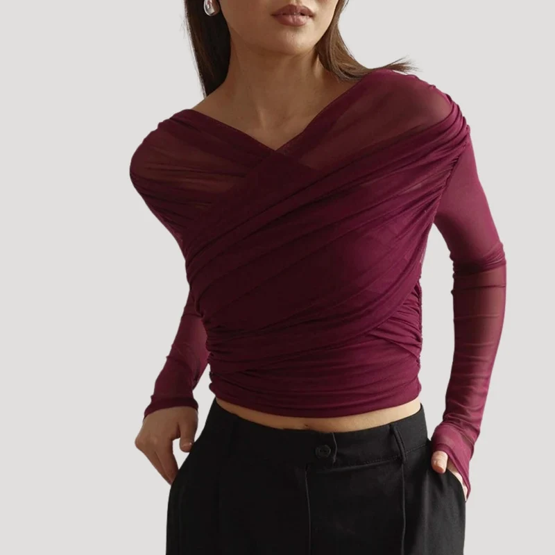 Sabina | Damen Frühlings Transparentes Wickel-Oberteil mit Langarm