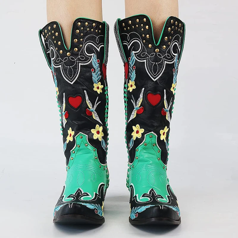 Elfriede | Damen Stilvolle Bestickte Cowboy-Stiefel mit Blumenmuster