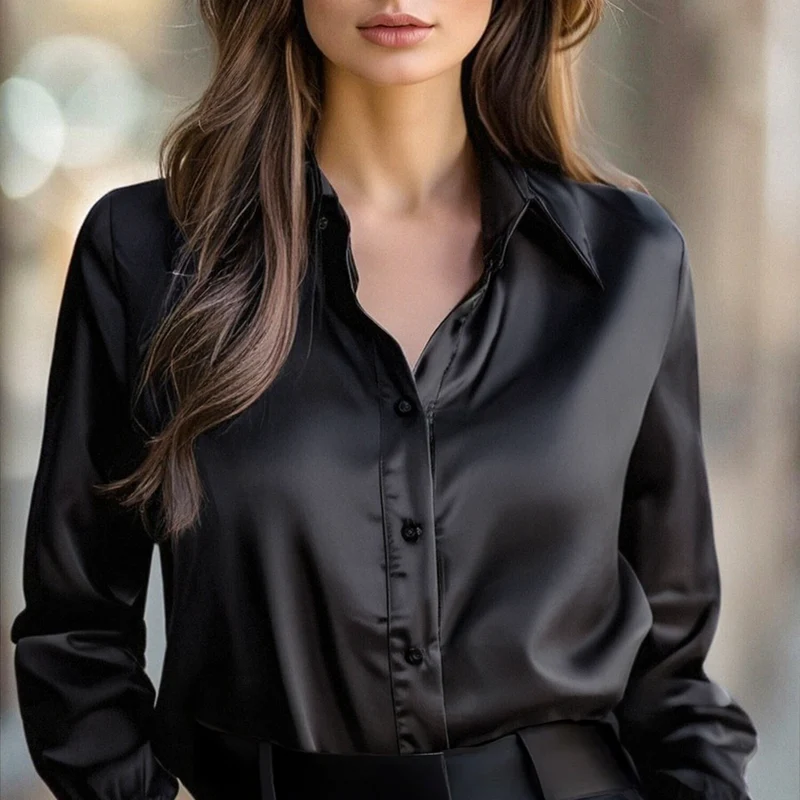 Lange Ärmelbluse aus schwarzem Satin für Damen