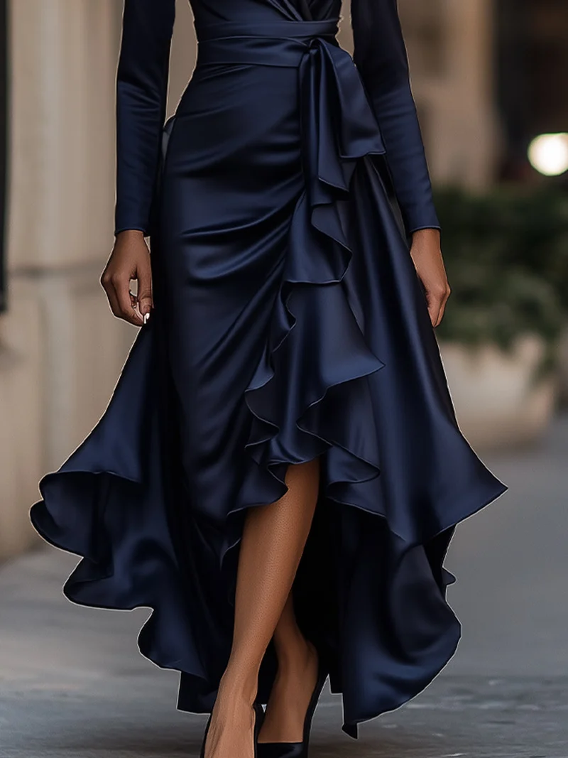 Satin-Maxikleid für Damen | Drapierte Rüschen, lange Ärmel