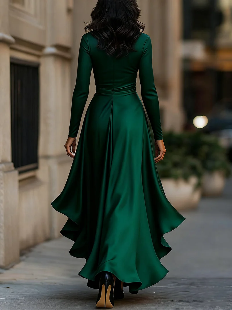 Satin-Maxikleid für Damen | Drapierte Rüschen, lange Ärmel