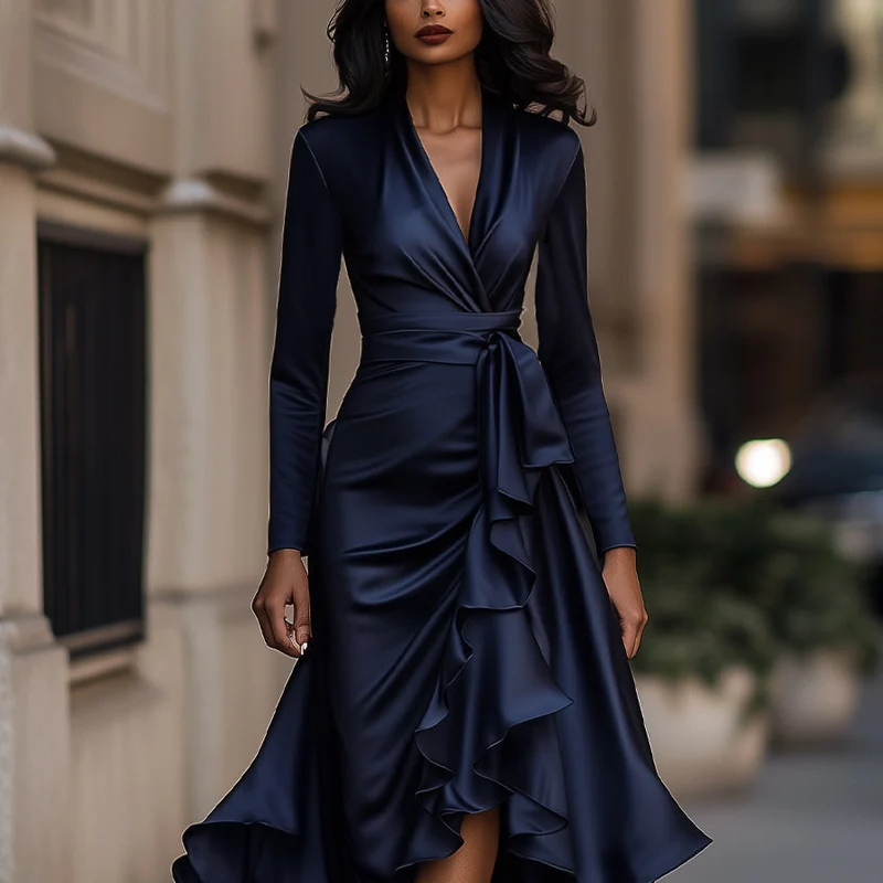 Satin-Maxikleid für Damen | Drapierte Rüschen, lange Ärmel