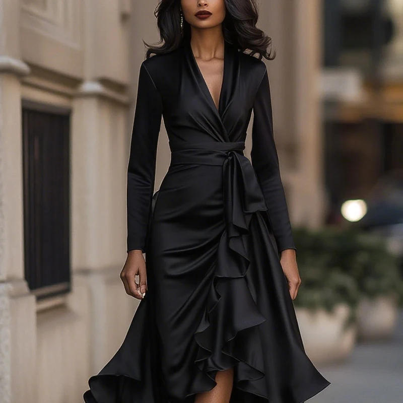 Satin-Maxikleid für Damen | Drapierte Rüschen, lange Ärmel