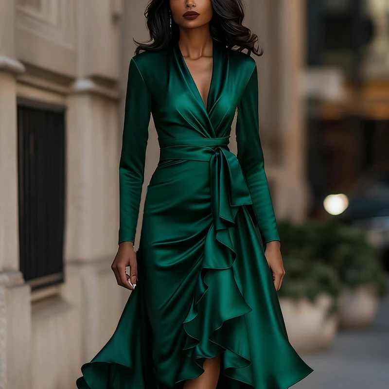 Satin-Maxikleid für Damen | Drapierte Rüschen, lange Ärmel