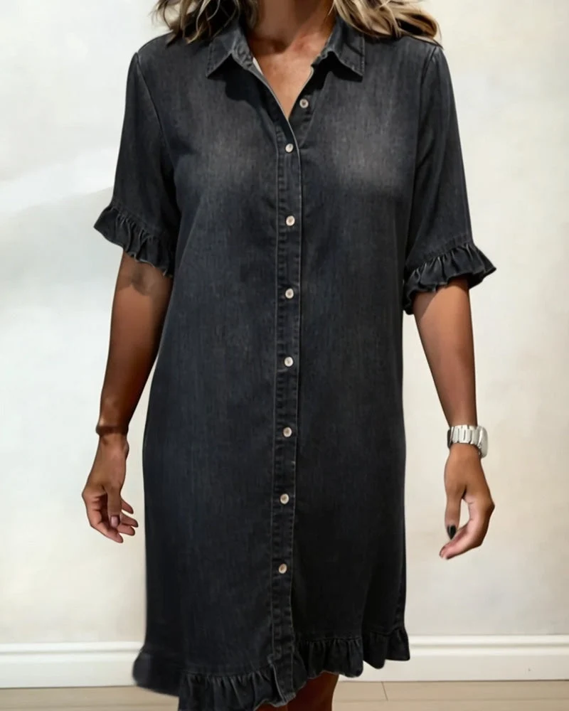 Tessa | Damen Denim Kleid Rüschendesign – Jeanskleid Rüschen Lässig 2026