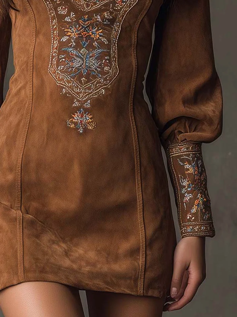 Damen-Minikleid aus Wildleder mit V-Ausschnitt und Stickerei